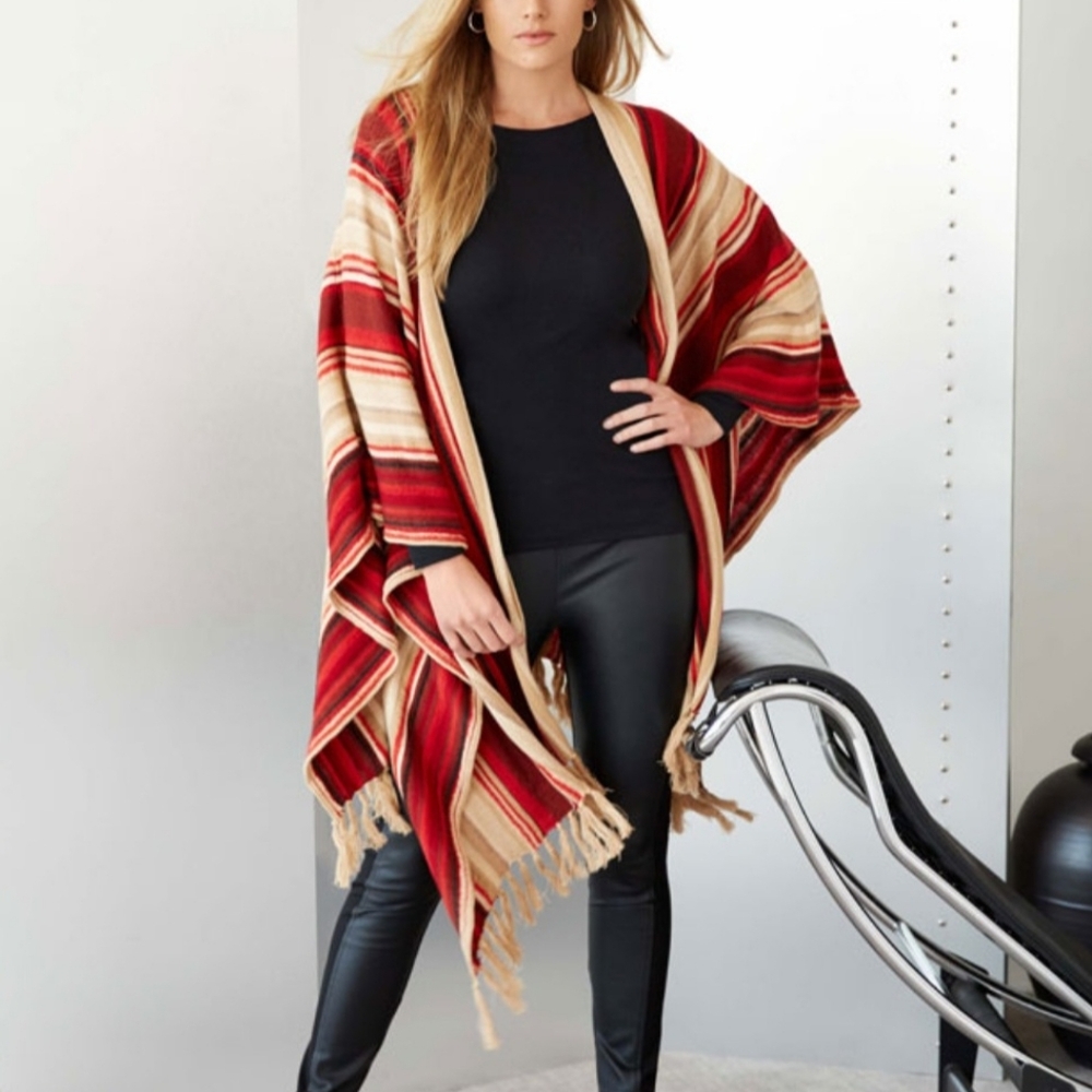 LRL Red Stripe Cotton-Linen Blend‎ Poncho Boho Wrap One Size